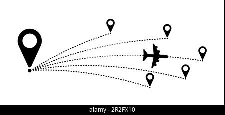 Percorso della linea del piano aereo in aumento. Decollare l'aereo, percorso di volo con punto di partenza. Segnale aereo vettore. Puntatore di posizione. Monitoraggio, vacanza, vacanza. T Foto Stock