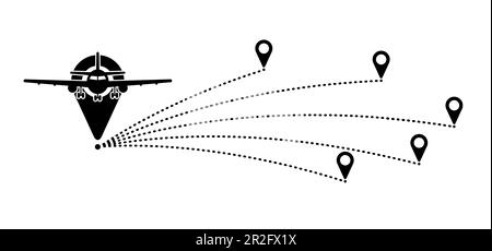 Percorso della linea del piano aereo in aumento. Decollare l'aereo, percorso di volo con punto di partenza. Segnale aereo vettore. Puntatore di posizione. Monitoraggio, vacanza, vacanza. T Foto Stock