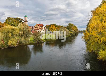 Vista di St. Mang dello Steinerner Brücke a Ratisbona, Baviera, Germania Foto Stock