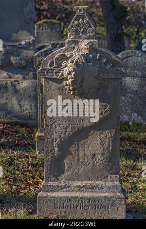 Simboli ebraici su una lapide, storico cimitero ebraico, questo luogo di sepoltura è stato occupato dal 1737 al 1934, Hagenbach, alta Franconia, Baviera Foto Stock