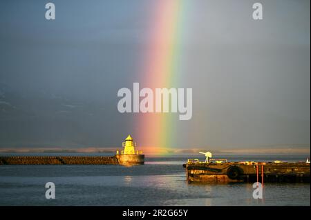 Arcobaleno nel vecchio porto di Reykjavik, Islanda Foto Stock