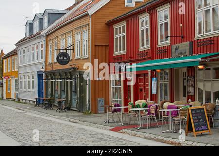 Trondheim, edifici residenziali nel quartiere dei magazzini di Nidelva, Bakklandet, provincia di Sör-Trondelag, Trondelag, Norvegia, Europa Foto Stock