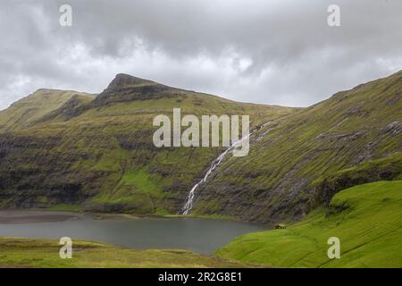 Cabina accanto al fiordo Saksun, cascata, Streymoy, Isole Faroe Foto Stock