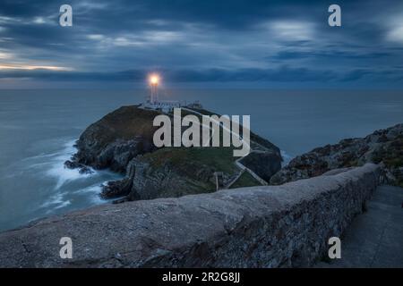 Strada per South Stack Lighthouse, Anglesey, Galles, Regno Unito. Luce. isola di roccia. Foto Stock