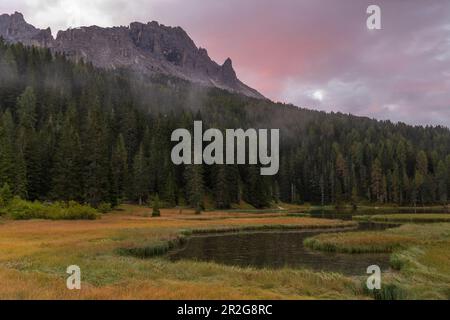 Vista sul lago di Misorina. Sfondo montagna forcella Pogofa, Auronza di Cadore, Belluno, Alto Adige, Dolomiti, Italia. Foto Stock