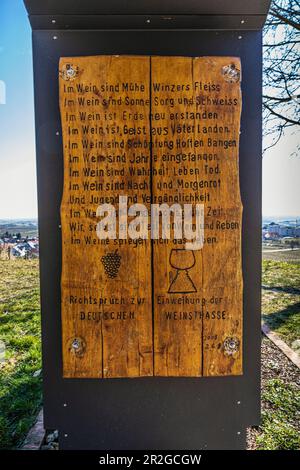 Targa di legno sulla piccola porta del vino ian della strada del vino tedesca, Schweigen-Rechtenbach, strada del vino meridionale, Renania-Palatinato, Germania, Europa Foto Stock