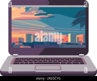 Icona del laptop con sfondo paesaggio urbano in figura vettoriale a tecnica piatta Illustrazione Vettoriale