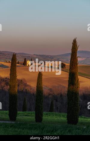 La Cappella della Madonna di Vitaleta, Paesaggio nei pressi di Pienza, Val d'Orcia, Provincia di Siena, Toscana, Italia, Patrimonio Mondiale dell'UNESCO, Europa Foto Stock