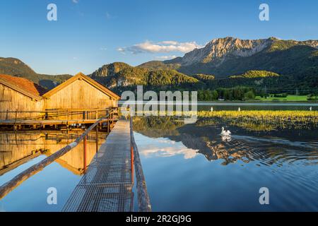 Capanne sul Kochelsee di fronte a Herzogstand (1.731 m), Schlehdorf, alta Baviera, Baviera, Germania Foto Stock