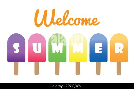 Banner estivo di benvenuto con popsicle colorate su sfondo bianco Illustrazione Vettoriale