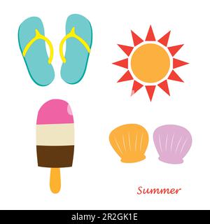 Infradito colorato, conchiglie, sole e un gelato su sfondo bianco Illustrazione Vettoriale