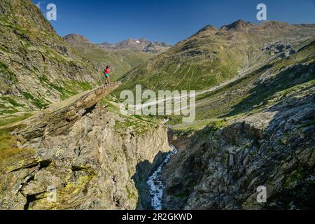 Donna escursionismo in piedi su lastra di roccia alta sopra Reculaz Gorge, Vanoise Parco Nazionale, Vanoise, Savoia, Francia Foto Stock