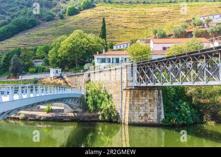 Ponti sul fiume Pinhao alla confluenza con il fiume Douro a Pinhao, nella regione vinicola dell'Alto Douro, Portogallo Foto Stock