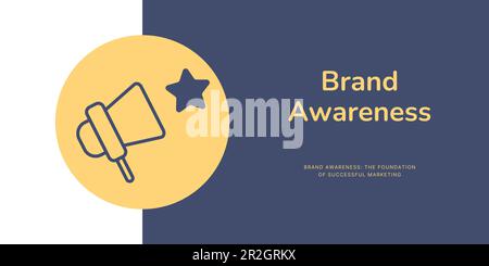 Banner brand Awareness su sfondo blu. Banner Branding elegante con testo giallo e icona per il business e il marketing Illustrazione Vettoriale