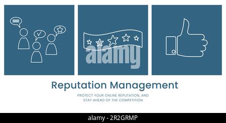 Banner sulla gestione della reputazione su sfondo bianco e blu. Banner elegante con testo e icone per il business e il marketing Illustrazione Vettoriale