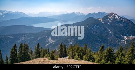 Vista dalla cima del Hirschhörndlkopf sul Walchensee e sulle montagne circostanti, Baviera, Germania Foto Stock