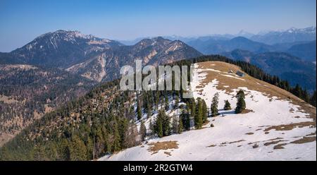 Sulla strada per il Hirschhörndlkopf con vista sul Benediktenwand, Baviera, Germania Foto Stock