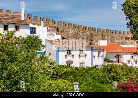 Case pittoresche del centro storico di Obidos, all'interno delle mura della città, Portogallo Foto Stock