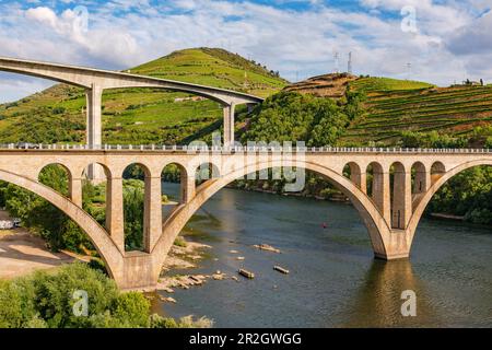 Ponti caratteristici sul fiume Douro a peso da Regua, nella regione vinicola dell'Alto Douro, Portogallo Foto Stock