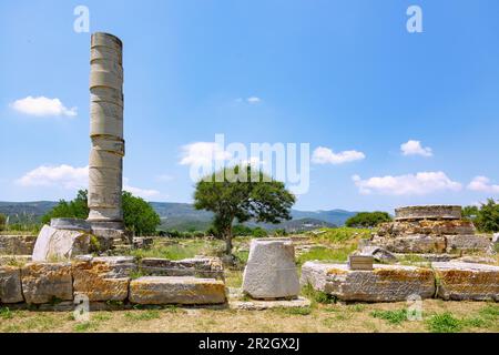 Heraion di Samos, grande tempio saccheggiato, sito archeologico dell'antico santuario della dea greca Hera a Ireon, sull'isola di Samos in GRE Foto Stock