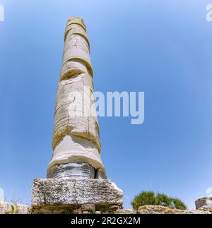 Heraion di Samos, grande tempio saccheggiato, sito archeologico dell'antico santuario della dea greca Hera a Ireon, sull'isola di Samos in GRE Foto Stock