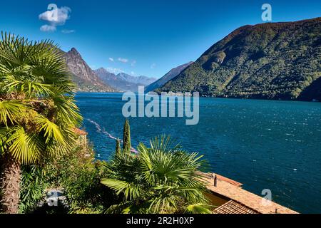 Vecchie strade, sentieri e canali nel centro di Gandria. Porte d'ingresso e lampioni. Foto Stock
