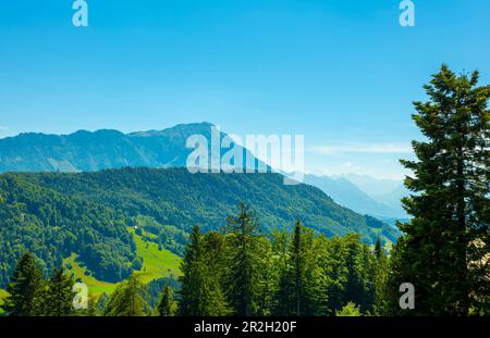 Vista aerea sulla catena montuosa con cielo azzurro a Burgenstock, Nidwalden, Svizzera. Foto Stock