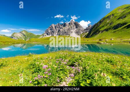 Eissee, Oytal, dietro Grosser Wilder, 2379m, Hochvogel e Rosszahn gruppo, Allgäu Alpi, Allgäu, Baviera, Germania, Europa Foto Stock