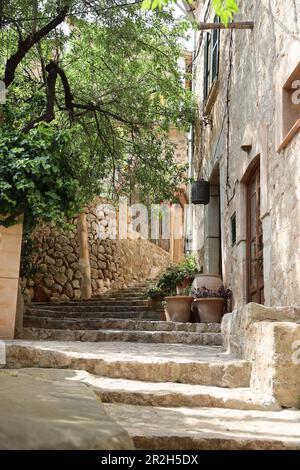 Vicolo in Fornalutx, Mallorca, Spagna Foto Stock