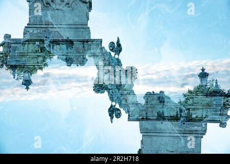 Doppia esposizione fotografia del Monumento aux Girondins sulla Place des Quinconces, una fontana e colonna torreggiante eretto per onorare Girondin revoltio Foto Stock