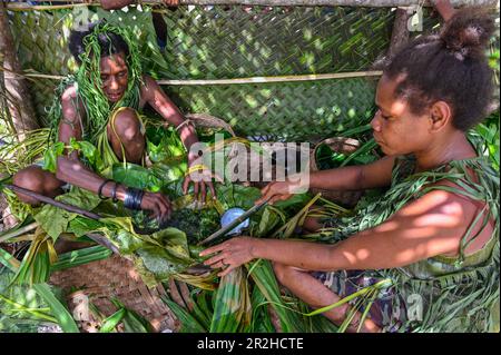 La cucina tradizionale indigena di Fenualoa è un'affascinante miscela di ingredienti locali, tecniche di cucina tradizionali e pratiche culturali che sono state tramandate attraverso generazioni. I metodi di cottura variano a seconda del piatto e delle risorse disponibili. La cottura a fuoco aperto è usata comunemente, con cibo che è preparato sopra legno o fuochi di carbone. Utensili di cucina tradizionali come pentole di argilla, cesti tessuti, e bambù a vapore sono utilizzati per migliorare sapori e texture. Foto Stock