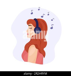 Ragazza con cuffie che ascoltano musica. Profilo e cuffia di una giovane donna adulta, note musiacl. Sorridente ragazza rilassante e godersi la musica. Illustrazione Vettoriale