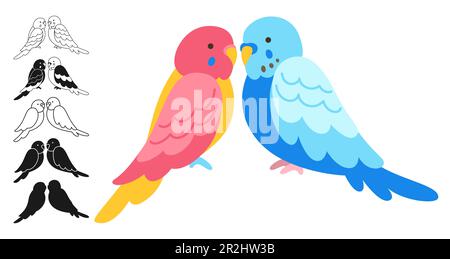 Coppia pappagalli tropicale luminoso set di cartoni animati infantile. Esotico budgerigar amanti pappagalli seduta silhouette contorno segno o incisa collezione estiva. Fauna selvatica giungla Hawaiian carino uccello vettore carattere Illustrazione Vettoriale