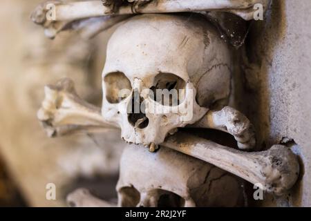 Decorazioni in teschi e ossa umani, interni dell'Ossario di Sedlec, patrimonio dell'umanità dell'UNESCO, Kutna Hora, Repubblica Ceca (Czechia), Europa Foto Stock