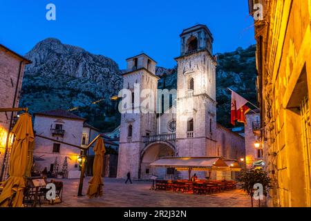 Cattedrale di San Tryfon a Cattaro al tramonto, Montenegro, Europa Foto Stock
