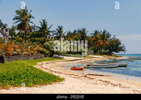 Barche, palme e case in una baia con una spiaggia sabbiosa a Bain Boeuf a Mauritius, Oceano Indiano Foto Stock