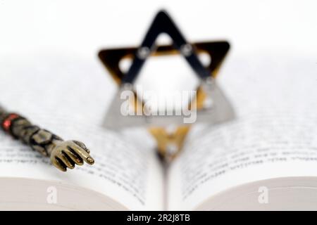 Primo piano di una Torah in ebraico, Stella di Davide e yad, simboli ebraici, Francia, Europa Foto Stock