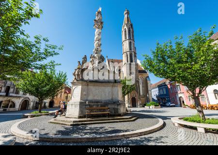 Chiesa di capra e colonna della Santissima Trinità nella piazza principale di Sopron, Ungheria Foto Stock