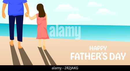 felice giorno del padre banner orizzontale con il padre che tiene le mani la figlia sulla spiaggia Illustrazione Vettoriale