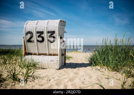 Sedie a sdraio sulla spiaggia sabbiosa, Hooksiel, Frisia orientale, bassa Sassonia, Mare del Nord, Germania Foto Stock