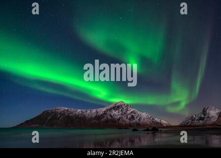 Aurora Borealis sulla spiaggia di Skagsanden, Lofoten, Norvegia. Foto Stock