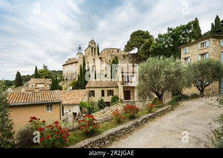 Pittoresco villaggio di montagna, Gigondas, Dentelles de Montmirail, Vaucluse Dipartimento, Provenza, Provenza-Alpi-Côte Azzurra, Francia Foto Stock