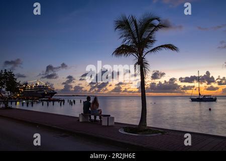 Coppia su panca, palma, barca a vela e World Voyager (crociere nicko) nave da crociera spedizione al molo al tramonto, Kralendijk, Bonaire, Olanda Anti Foto Stock
