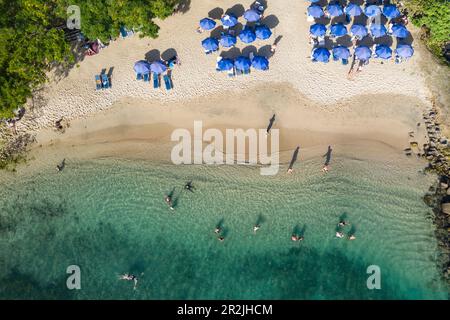 Vista aerea delle persone in acqua e ombrelloni sulla spiaggia a Pigeon Island National Landmark, Gros Islet Quarter, St. Lucia, Caraibi Foto Stock