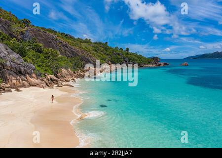 Veduta aerea di una giovane donna che cammina sulla spiaggia di Anse St Jose, sull'isola di Curieuse, sulle Seychelles, sull'Oceano Indiano Foto Stock