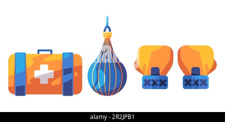 strumenti di pronto soccorso e di boxe di allenamento guanto di pugno combattere sport salute attrezzatura allenamento Illustrazione Vettoriale