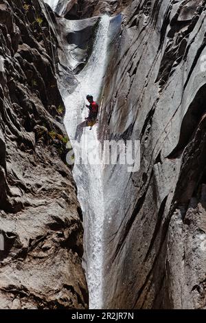 Persone canyoning al Canyon du Fleur Jaune bei Cilaos, La Reunion, Oceano Indiano Foto Stock
