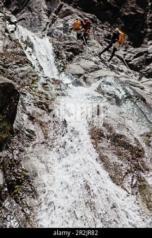 Persone canyoning al Canyon du Fleur Jaune bei Cilaos, La Reunion, Oceano Indiano Foto Stock