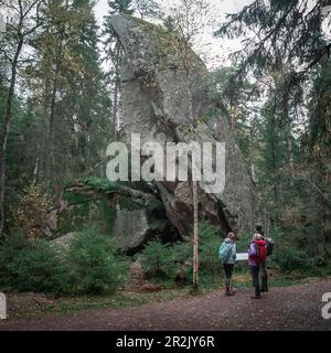 Il gruppo escursionistico si trova di fronte a grandi massi in piedi nella foresta nel Parco Nazionale Tiveden in Svezia Foto Stock
