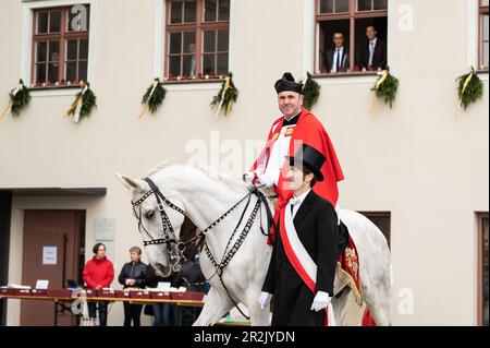 Weingarten, Germania. 19th maggio, 2023. Dean Ekkehard Schmid (M) entra nella piazza di fronte alla basilica. Il Blutritt è la più grande processione equestre d'Europa in onore del Santo sangue di Cristo. Credit: Silas Stein/dpa/Alamy Live News Foto Stock